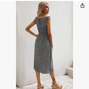 Summer Dress Round Neck Short Sleeve A Line Ruffle Sleeve Smocked Midi Floral